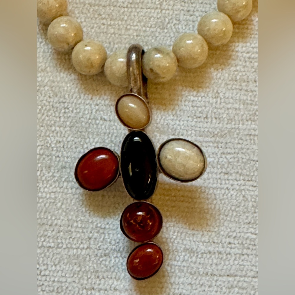 Natural Stone Old Topaz Bead Choker/Necklace w/ Sterling and Gem Cross Pendant